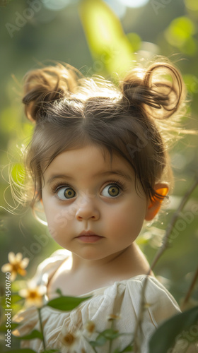 Outdoor Portrait of an Adorable Baby Girl with Large Curious Eyes and Playful Tendrils on Her Head  Radiating Cuteness and Innocence 