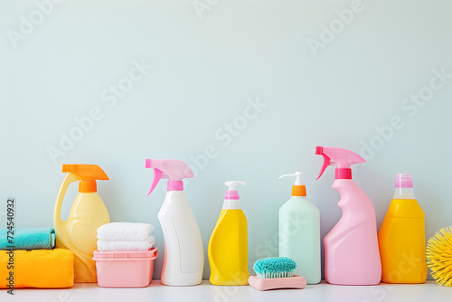 Spring cleaning background - cleaning supplies in pastel colors
