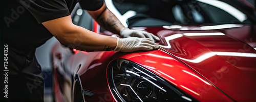 Car detailing close up.: man cleaning red sport car. © Alena