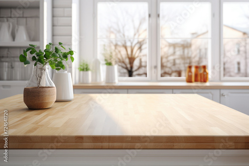 Empty wooden beautiful tabletop on the background of a modern kitchen and window. For mounting a product display or visual design layout.