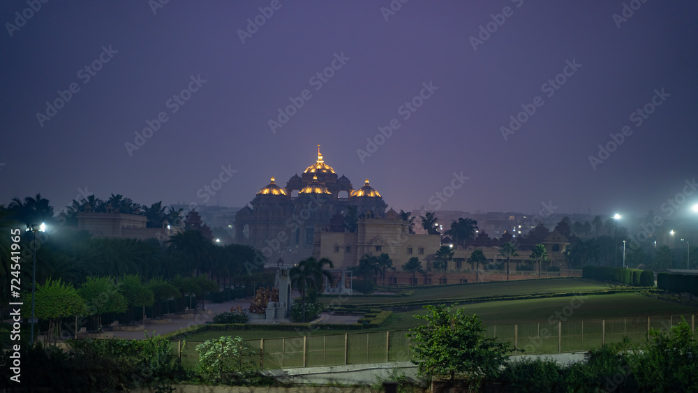 Night view of the Akshardham temple located in New Delhi, India, low light shot