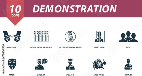 Demonstration icons set. Creative icons: arrested, boundary barrier, prohibited weapon, prisoner, mob, mask, vulgar, police, destroy, injury.