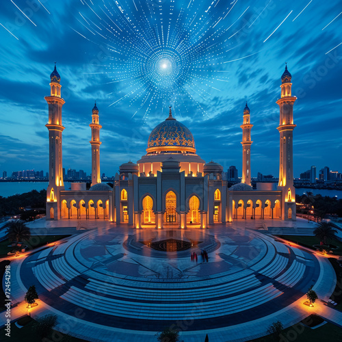 Sharjah Mosque Largest Masjid in Dubai, Ramadan Eid Concept background, Arabic Letter means: Indeed, prayer has been decreed upon the believers a decree of specified times, Travel and tourism image photo