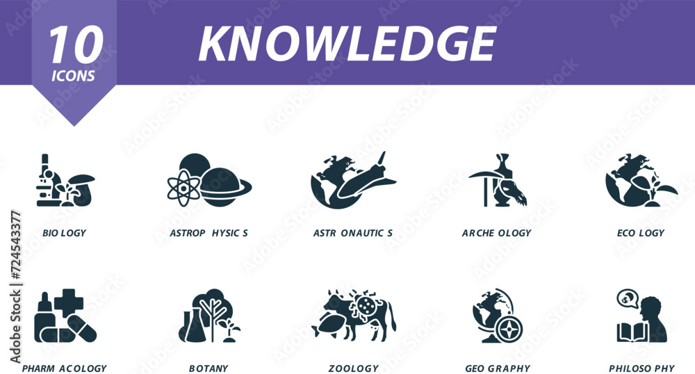 Knowledge icons set. Creative icons: biology, astrophysics, astronautics, archeology, ecology, pharmacology, botany, zoology, geography, philosophy.