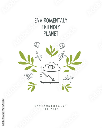 Hand drawn cartoon sketchof Carbon emissions reduction sign with Emission levels CO2. Vector illustration of Environmentally friendly planet. Carbon dioxide pollution.
