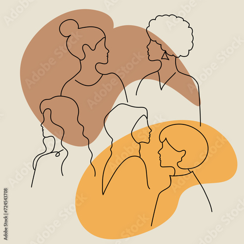 Women's silhouettes of different races and nationalities. Line art. Women's day concept.