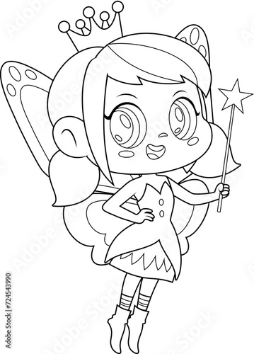 Outlined Cute Tooth Fairy Girl Cartoon Character Flying With Magic Wand. Vector Hand Drawn Illustration Isolated On Transparent Background