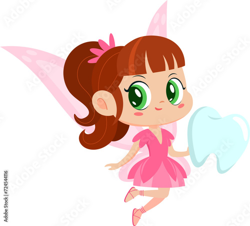 Cute Tooth Fairy Girl Cartoon Character Flying With Tooth. Vector Illustration Flat Design Isolated On Transparent Background