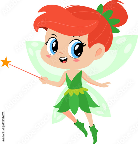 Cute Tooth Fairy Girl Cartoon Character Flying With Magic Wand. Vector Illustration Flat Design Isolated On Transparent Background