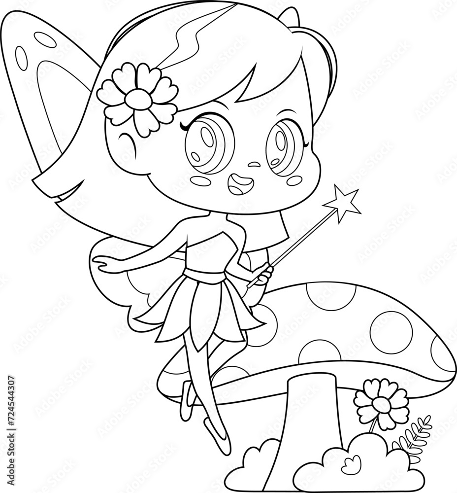 Fototapeta premium Outlined Cute Tooth Fairy Girl Cartoon Character Flying With Magic Wand. Vector Hand Drawn Illustration Isolated On Transparent Background