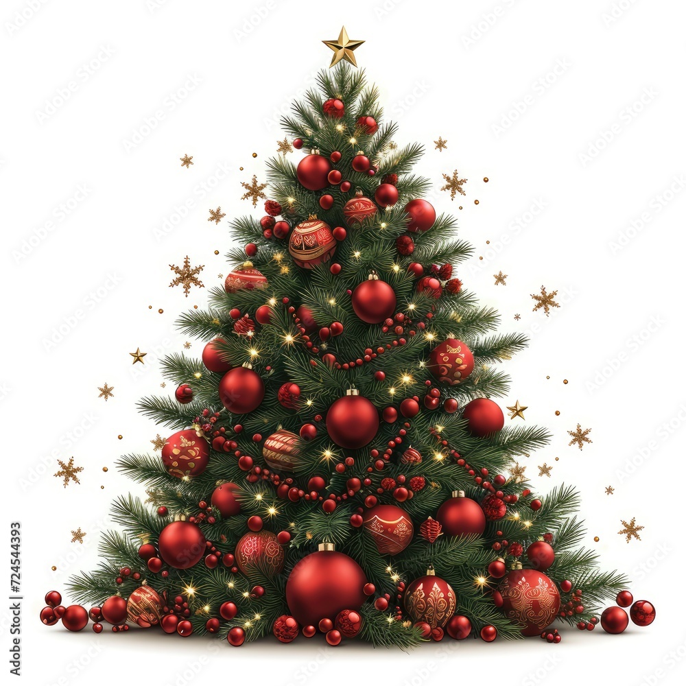 Christmas Tree Branches Red Balls Stars On White Background, Illustrations Images