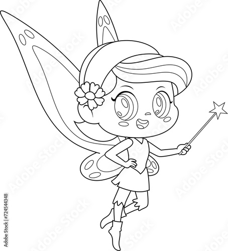 Outlined Cute Tooth Fairy Girl Cartoon Character Flying With Magic Wand. Vector Hand Drawn Illustration Isolated On Transparent Background