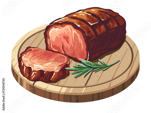 Roast beef with rosemary on wooden board. Roast meat, grill food, barbecue. Vector illustration in eps 10. Suitable for menu, recipe and cookbook 