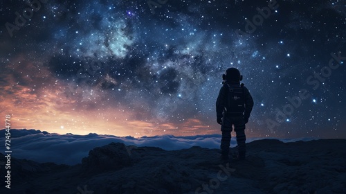 Astronaut Observing the Majestic Milky Way Galaxy Above Cloudy Mountain Peaks at Dusk