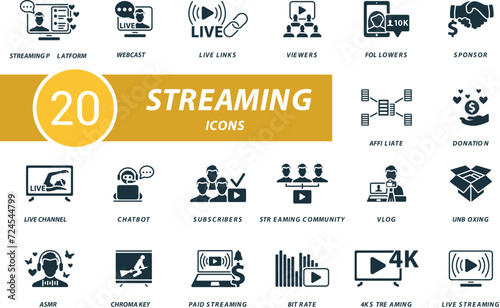 Streaming set. Creative icons: streaming platform, webcast, live links, viewers, followers, sponsor, affiliate, donation, live channel, chatbot, subscribers and more