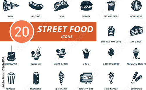 Street food icons set. Creative icons: pizza, hot dog, taco, burger, french fries, doughnut, chicken nuggets, sandwich, candied apple, wok box and more photo