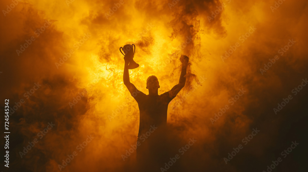 Silhouette of a soccer player holding a trophy on fire background