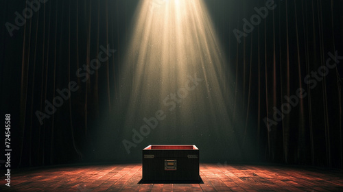 A theatrical box opening on a brightly lit stage, with a spotlight highlighting the moment of surprise and revelation, setting the scene for a dramatic and suspenseful theatrical performance Cr photo