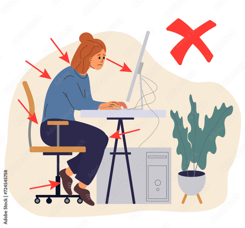 Bad incorrect posture for sitting at computer desk. Wrong position. Wrong back, neck and legs poses of woman at workplace. Vector Bad incorrect posture for sitting at computer desk. Wrong position. Wrong back, neck and legs poses of woman at workplace. Vector