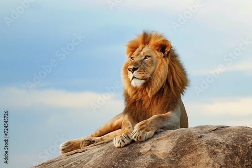A male  lion is sitting on the top of the mountain