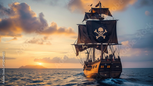 A pirate ship sailing the Caribbean Sea during the golden age, with the Jolly Roger flag billowing, as swashbuckling buccaneers prepare for a treasure hunt, embodying the adventure and legend o photo