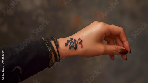 AI generated illustration of a minimalist East Asian calligraphy tattoo on a woman's wrist photo