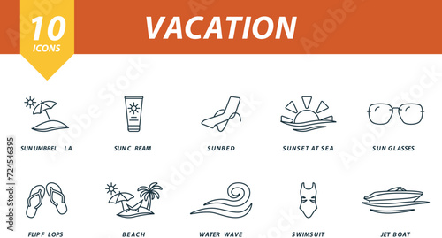 Vacation outline icons set. Creative icons: sun umbrella, sun cream, sunbed, sunset at sea, sun glasses, flip flops, beach, water wave, swimsuit, jetboat.