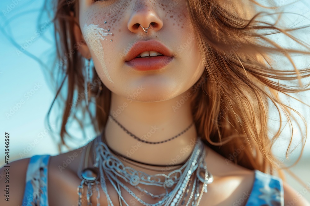 Obraz premium modern young woman with many layered silver necklaces