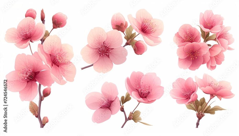 Spring sakura cherry blooming flowers bouquet, Design spring tree illustration - obrazy, fototapety, plakaty 