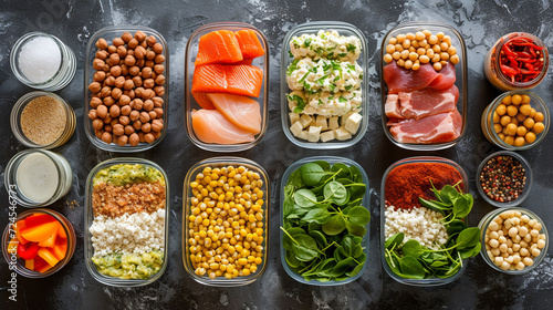 A detailed meal planning setup for bodybuilding and training, showcasing low-fat, high-protein dishes, complete with hydration and nutrient information, supporting energy and recovery Created U photo