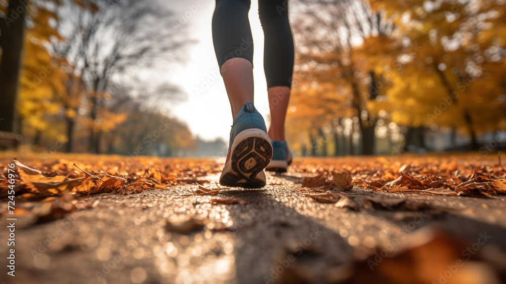 Feet of a jogger run up in autumn weather with leaves on the ground Feet of a jogger run up in autumn weather with leaves on the ground