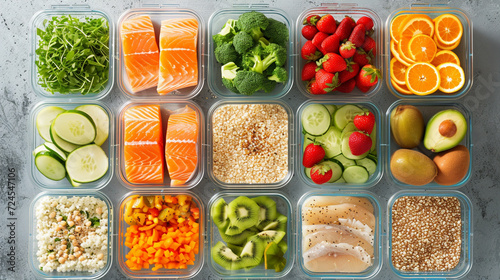 A colorful array of meal prep containers, filled with balanced portions of whole grains, lean fish, and fresh fruits, promoting clean eating and weight management Created Using nutritious meal photo