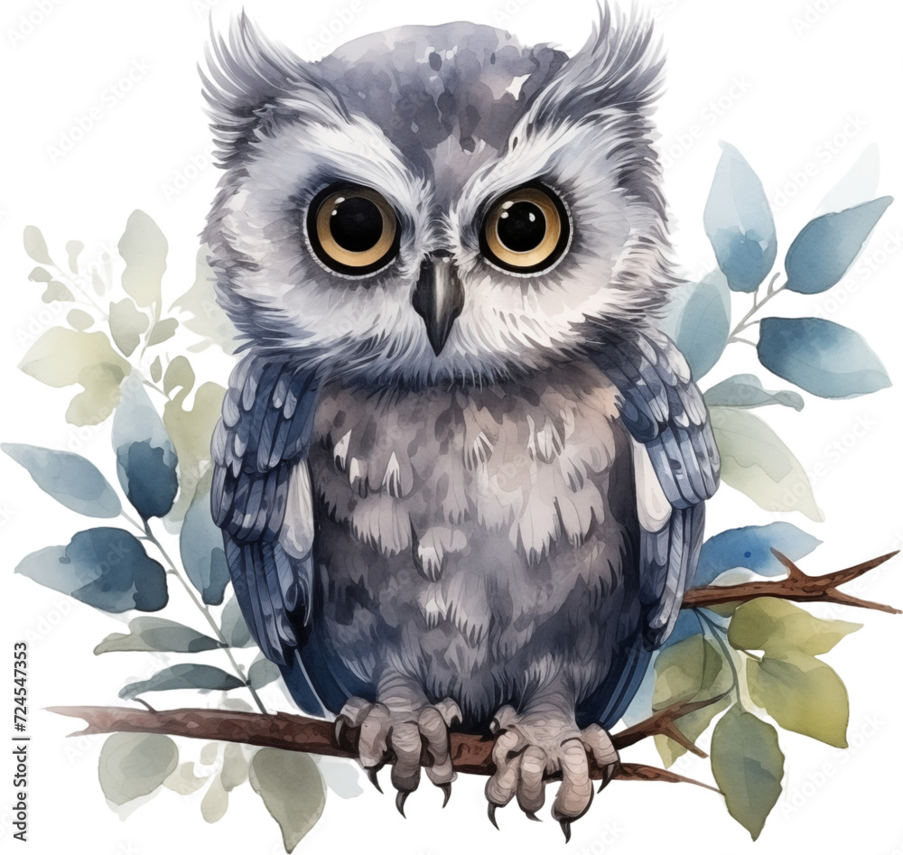 Fototapeta premium Cute owl sitting on a branch isolated on transparent background