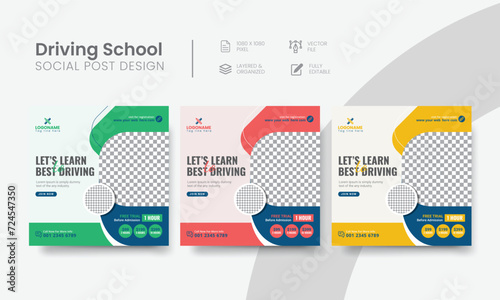 Driving school social media post for learning square banner ad design. High-quality car & vehicle driving school social media post suitable layout for advertising. Vol - 30