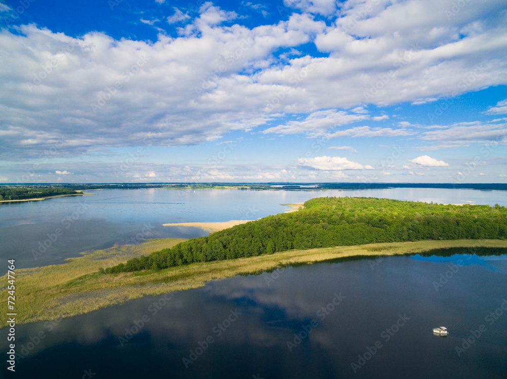 Aerial view of Upalty island on Mamry lake, Mazury, Poland