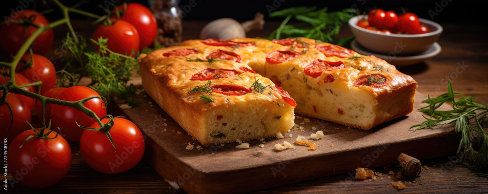 Traditional italian focaccia bread with tomatoes rosemary, basil. on wooden table.
