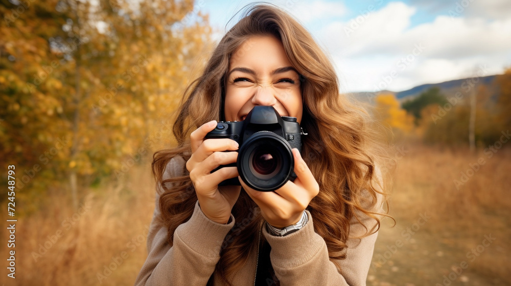 happy woman holding photo camera with blurred nature background happy woman holding photo camera with blurred nature background