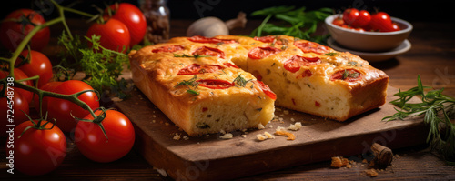 Traditional italian focaccia bread with tomatoes rosemary  basil. on wooden table.