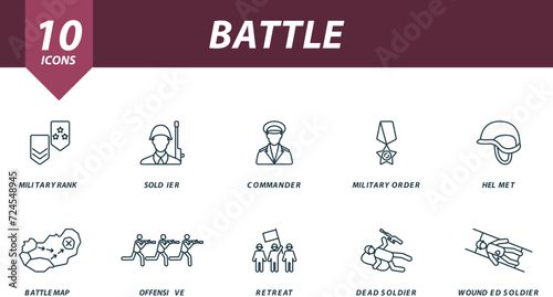 Battle outline icons set. Creative icons: military rank, soldier, commander, military order, helmet, battle map, offensive, retreat, dead soldier, wounded soldier. photo