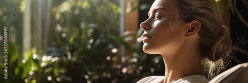 Young woman finding tranquility and relaxation at spa center. Place for text