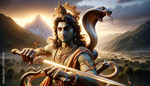 Hindu God Krishna with scared sword. AI Generated photo