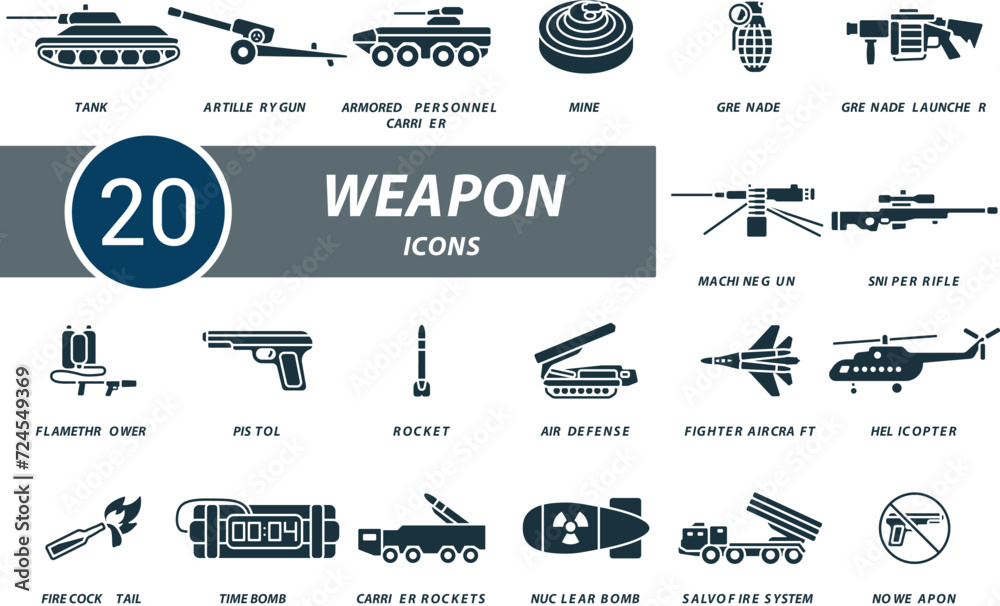 Weapon set. Creative icons: tank, artillery gun, armored personnel ...