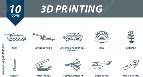 3d printing outline icons set. Creative icons: tank, artillery gun, armored personnel carrier, mine, grenade, rocket, air defence, fighter aircraft, helicopter, fire cocktail.