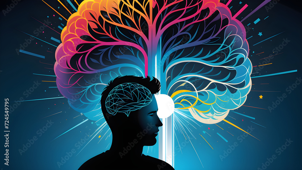 human mental health social media impact vector illustration. concept of psychological problems. Mental disorders, illnesses and Depression, bipolar and ocd psychology health concept. - obrazy, fototapety, plakaty 