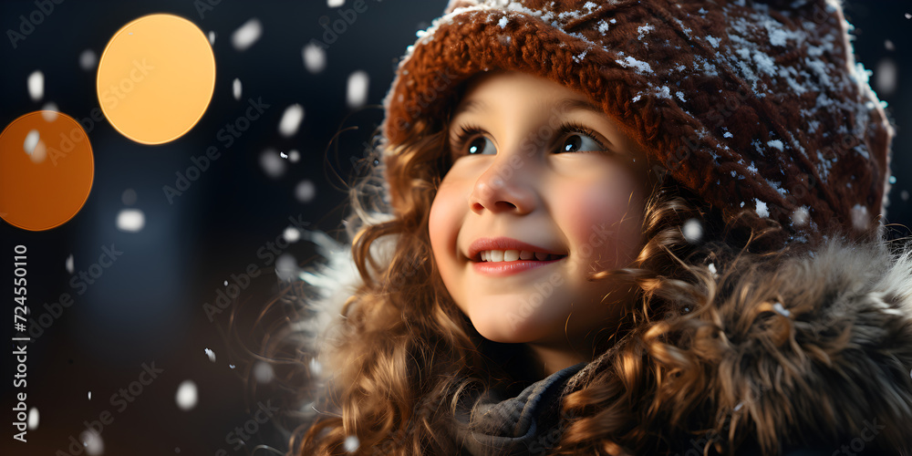 Little girl in woolen hat looking up at snow Little girl in woolen hat looking up at snow