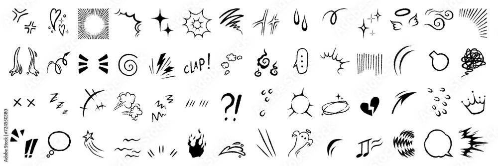 Set of hand drawn manga emotion effects. Markers drawing anime elements, including speech bubble, stars, arrows, fire. Vector doodle icon. - obrazy, fototapety, plakaty 