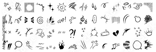 Set of hand drawn manga emotion effects. Markers drawing anime elements, including speech bubble, stars, arrows, fire. Vector doodle icon.
