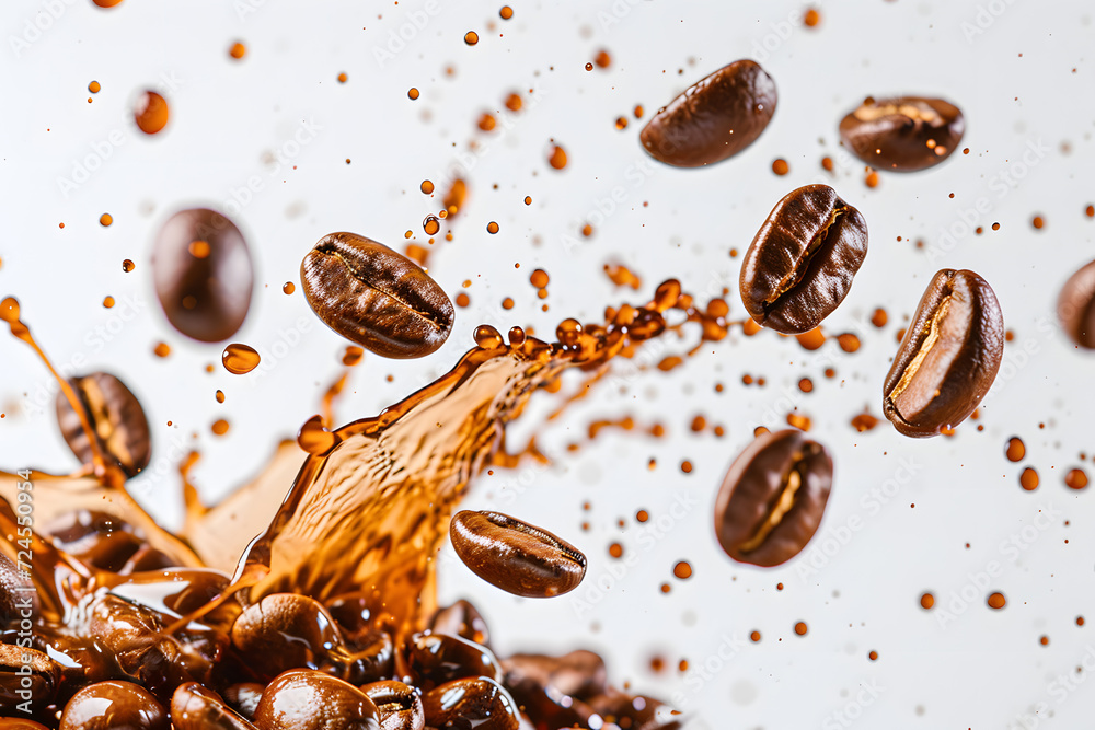 Coffee beans splashing in coffee isolated on white Coffee beans splashing in coffee isolated on white