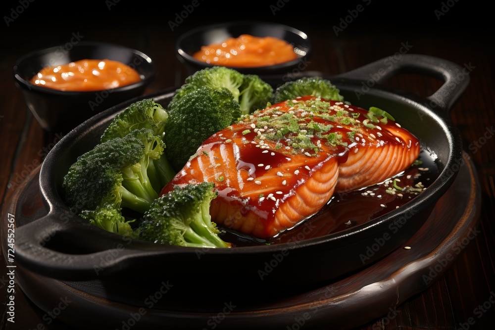 Delicious grilled salmon steak served with broccoli. A healthy seafood dish Delicious grilled salmon steak served with broccoli. A healthy seafood dish