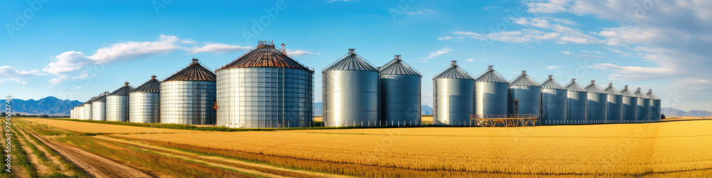 Grain silos in farm field. Agricultural silo or container for harvested grains. Grain silos in farm field. Agricultural silo or container for harvested grains.